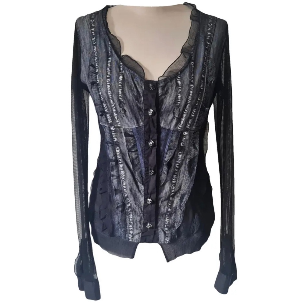 Save the Queen black and cream blouse with sheer sleeves, size M